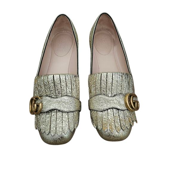 Gucci GG Marmont Fringe Ballet Flat Size 38 US 8 Gold Foil Leather Slipper - Picture 3 of 12